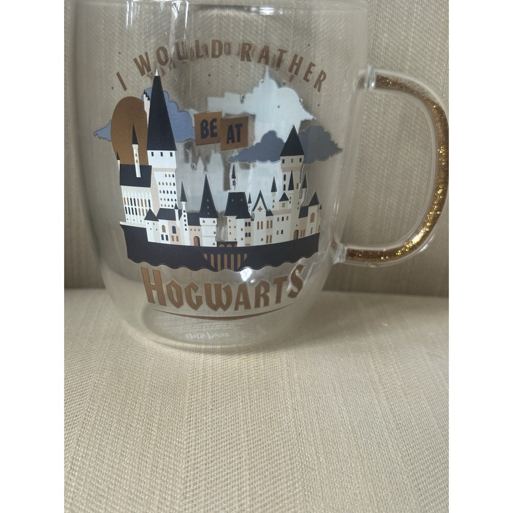 Harry Potter "I Would Rather Be At Hogwarts" Glitter Handle Glass Mug